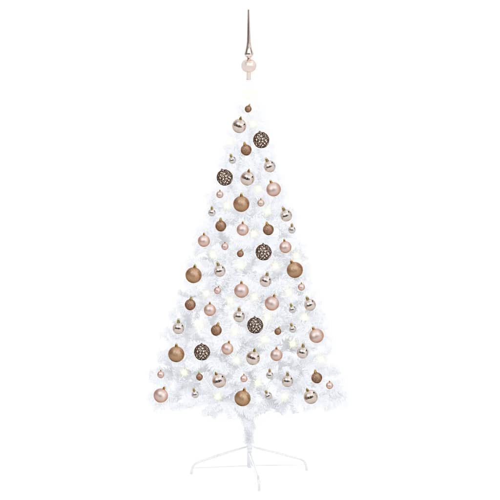 Vetonek Medio árbol de Navidad con luces y bolas blanco 120 cm