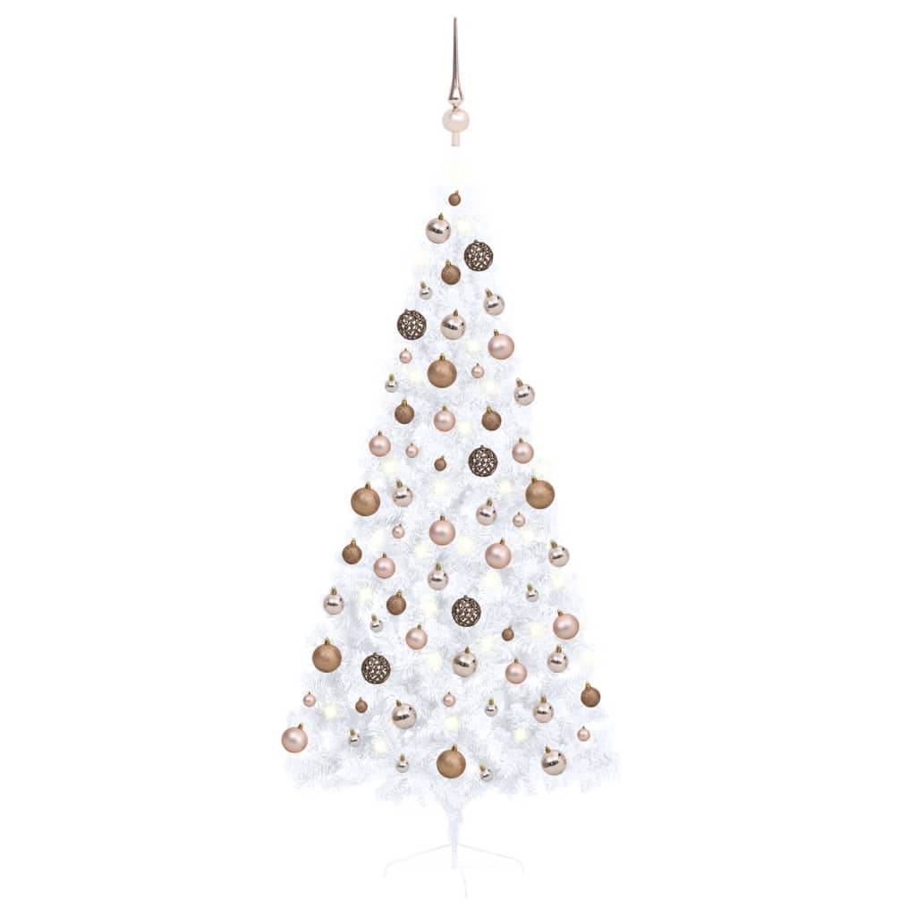 Medio árbol de Navidad con luces y bolas blanco 180 cm