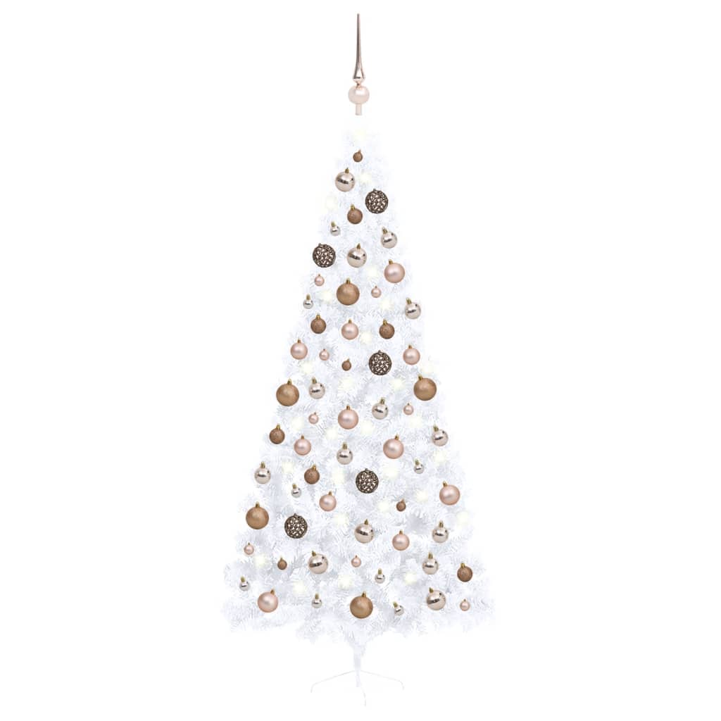 Medio árbol de Navidad con luces y bolas blanco 240 cm