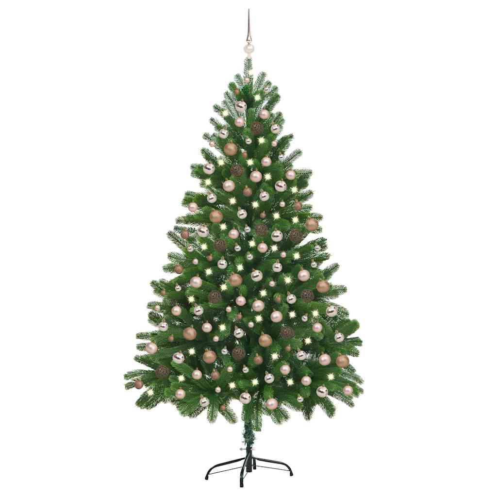 Árbol de navidad preiluminado con luces y bolas verde 210 cm v7296 Vetonek