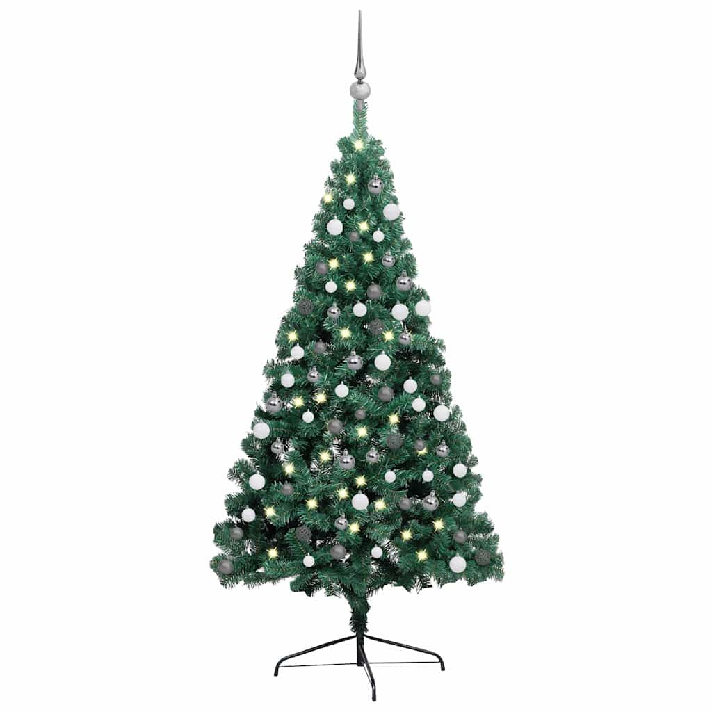 Vetonek Medio árbol de Navidad con luces y bolas verde 150 cm