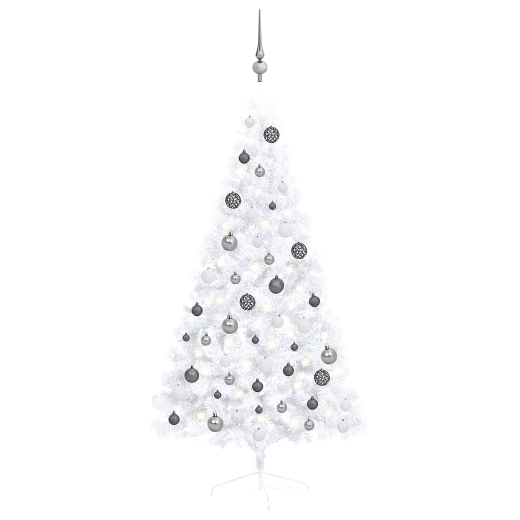 Vetonek Medio árbol de Navidad con luces y bolas blanco 150 cm