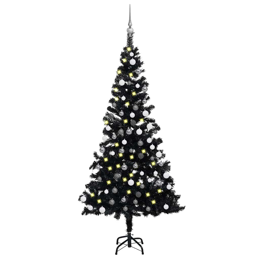 Árbol de navidad preiluminado con luces y bolas negro 150 cm v7623 Vetonek