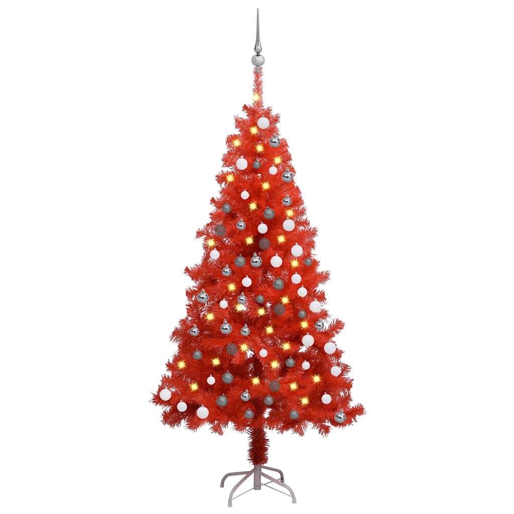 Árbol de navidad preiluminado con luces y bolas rojo 150 cm v7722 Vetonek
