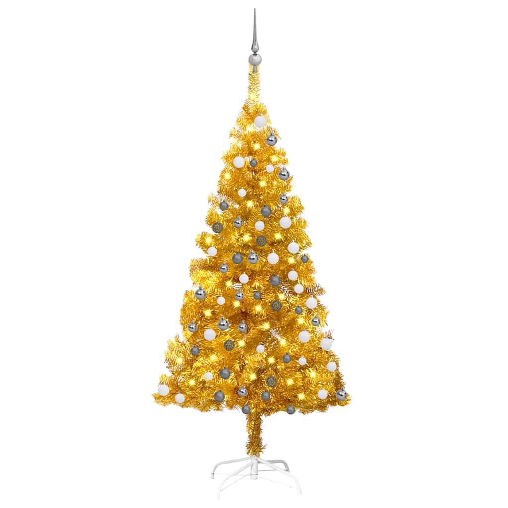 Árbol de navidad preiluminado con luces y bolas dorado 150 cm v7777 Vetonek