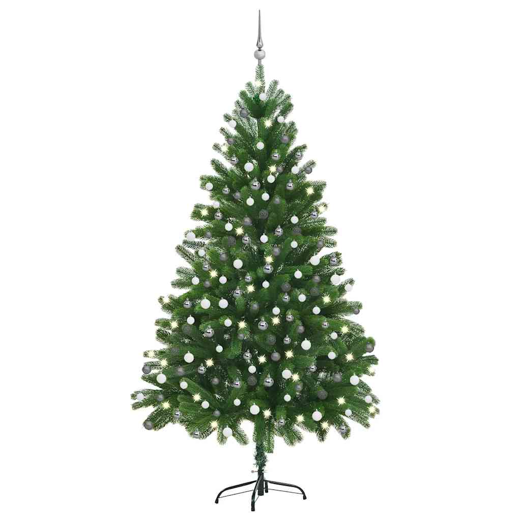 Árbol de navidad preiluminado con luces y bolas verde 210 cm v8156 Vetonek