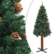 Vetonek Árbol de Navidad delgado madera auténtica y piñas verde 180 cm