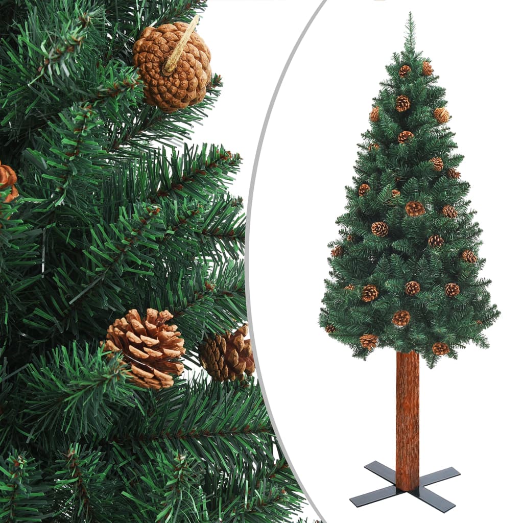 Vetonek Árbol de Navidad delgado madera auténtica y piñas verde 180 cm