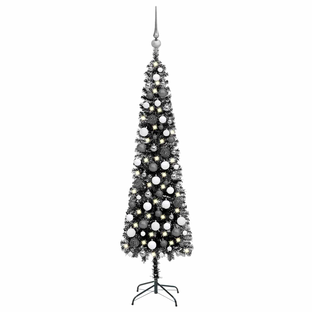 Árbol de navidad delgado con luces y bolas negro 210 cm v2013 Vetonek