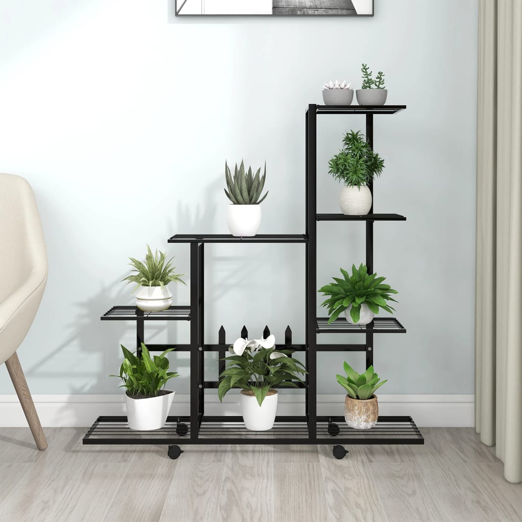 Vetonek Soporte de flores con rueda de metal negro 94,5x25x92,5 cm