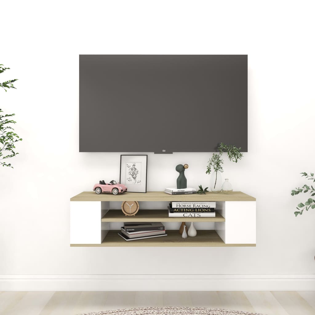 Vetonek Mueble TV colgante contrachapada blanco y roble 100x30x26,5 cm