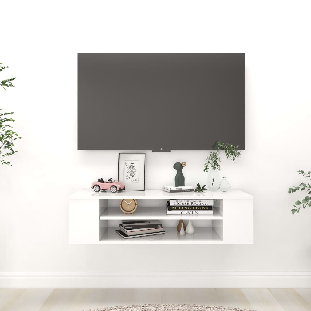 Vetonek Mueble de TV colgante contrachapada blanco brillo 100x30x26,5cm