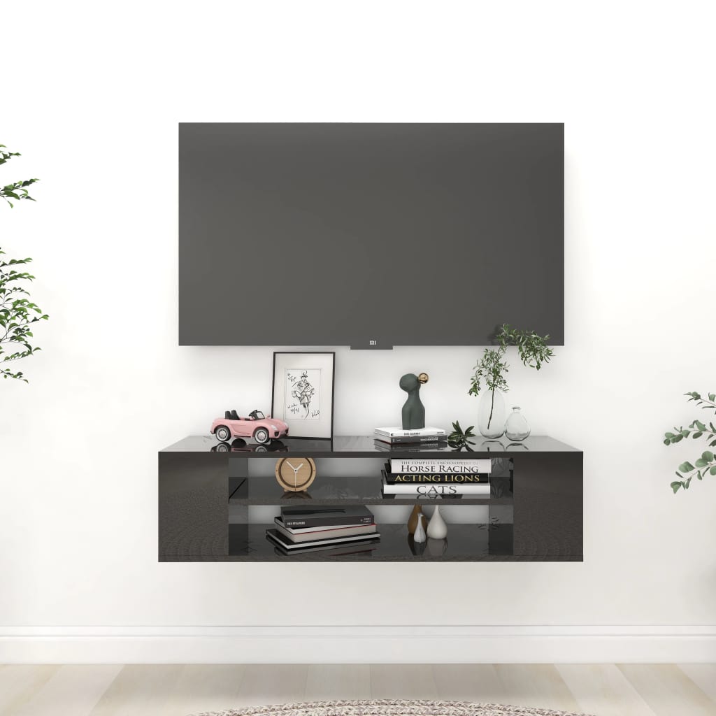 Vetonek Mueble de TV colgante contrachapada negro brillo 100x30x26,5 cm