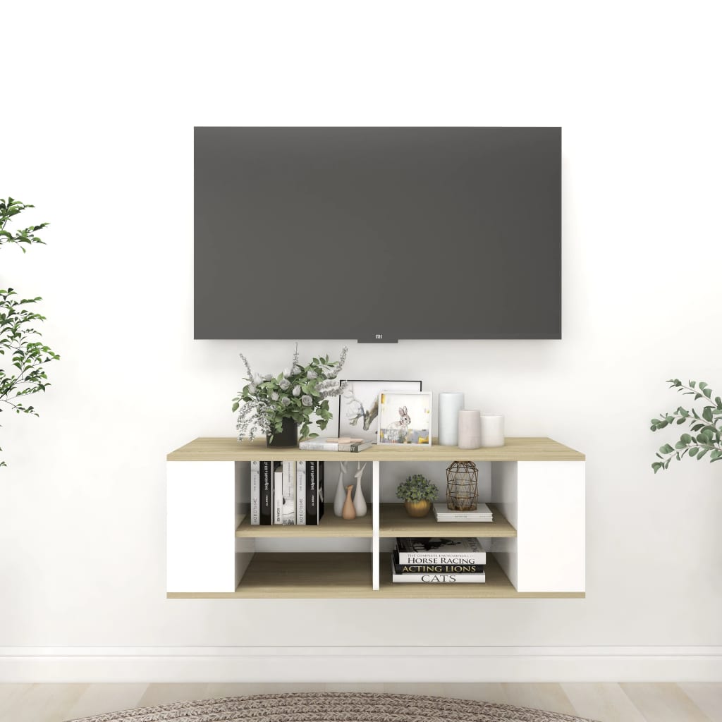 Vetonek Mueble de pared de TV contrachapada blanco y roble 102x35x35 cm