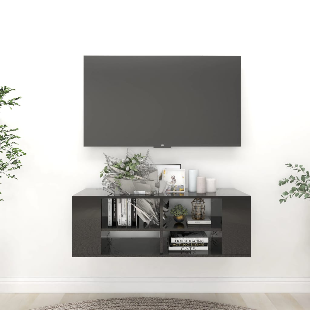 Vetonek Mueble pared TV madera contrachapada negro brillo 102x35x35 cm