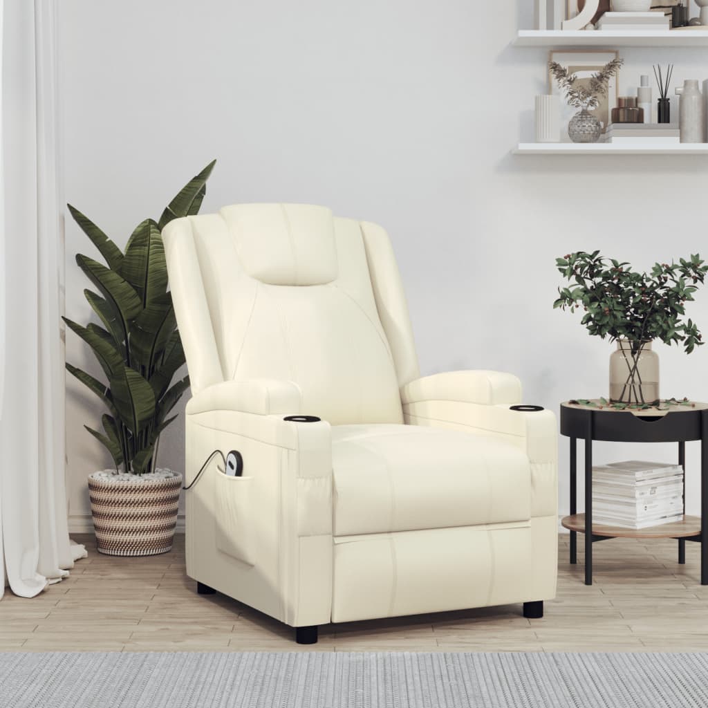 Vetonek Sillón reclinable eléctrico de cuero sintético blanco crema