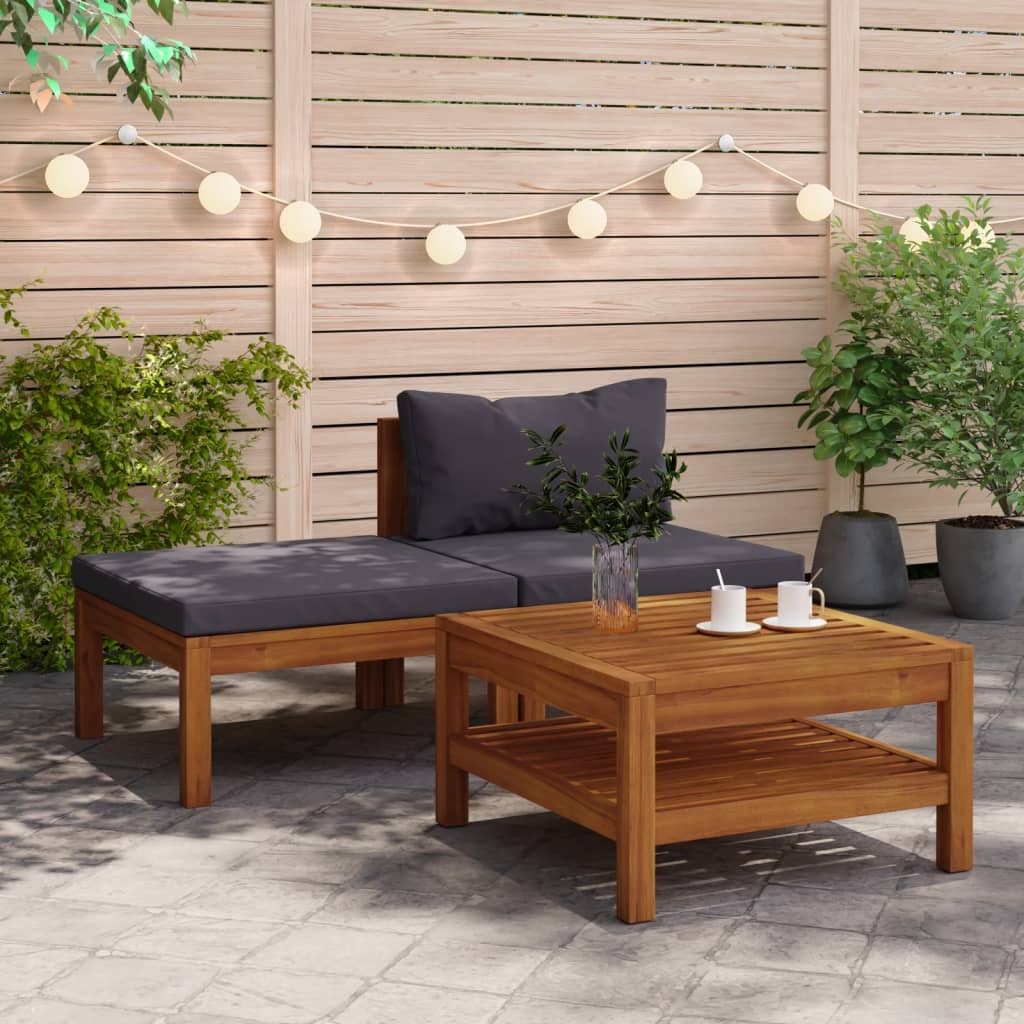 Vetonek Muebles de jardín 3 pzas con cojines madera acacia gris oscuro