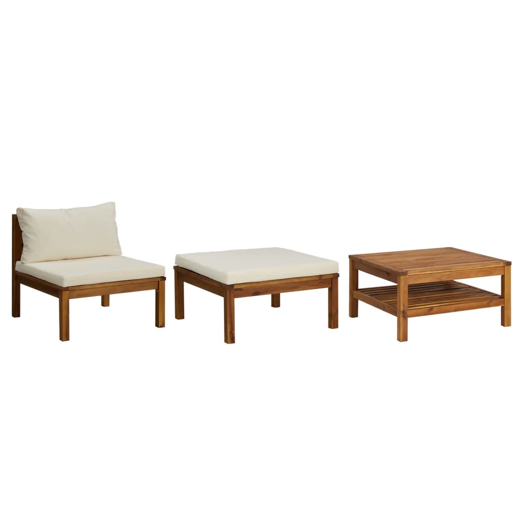 Muebles de jardín 3 pzas cojines blanco crema madera de acacia vidaXL