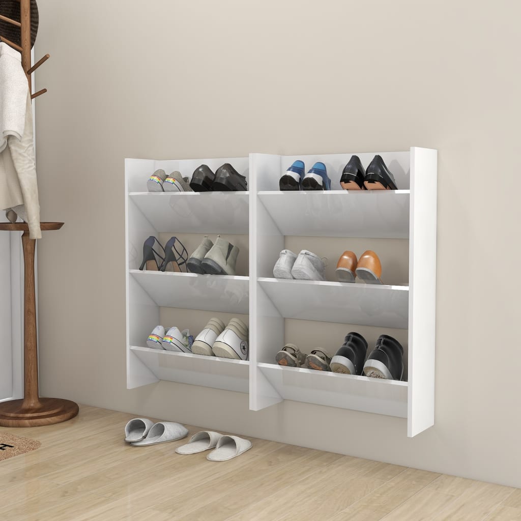 Vetonek Zapatero de pared 2 uds blanco brillo contrachapada 60x18x90 cm