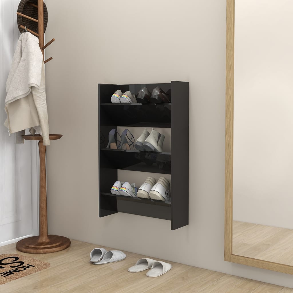 Zapatero de pared madera contrachapada negro brillo 60x18x90 cm