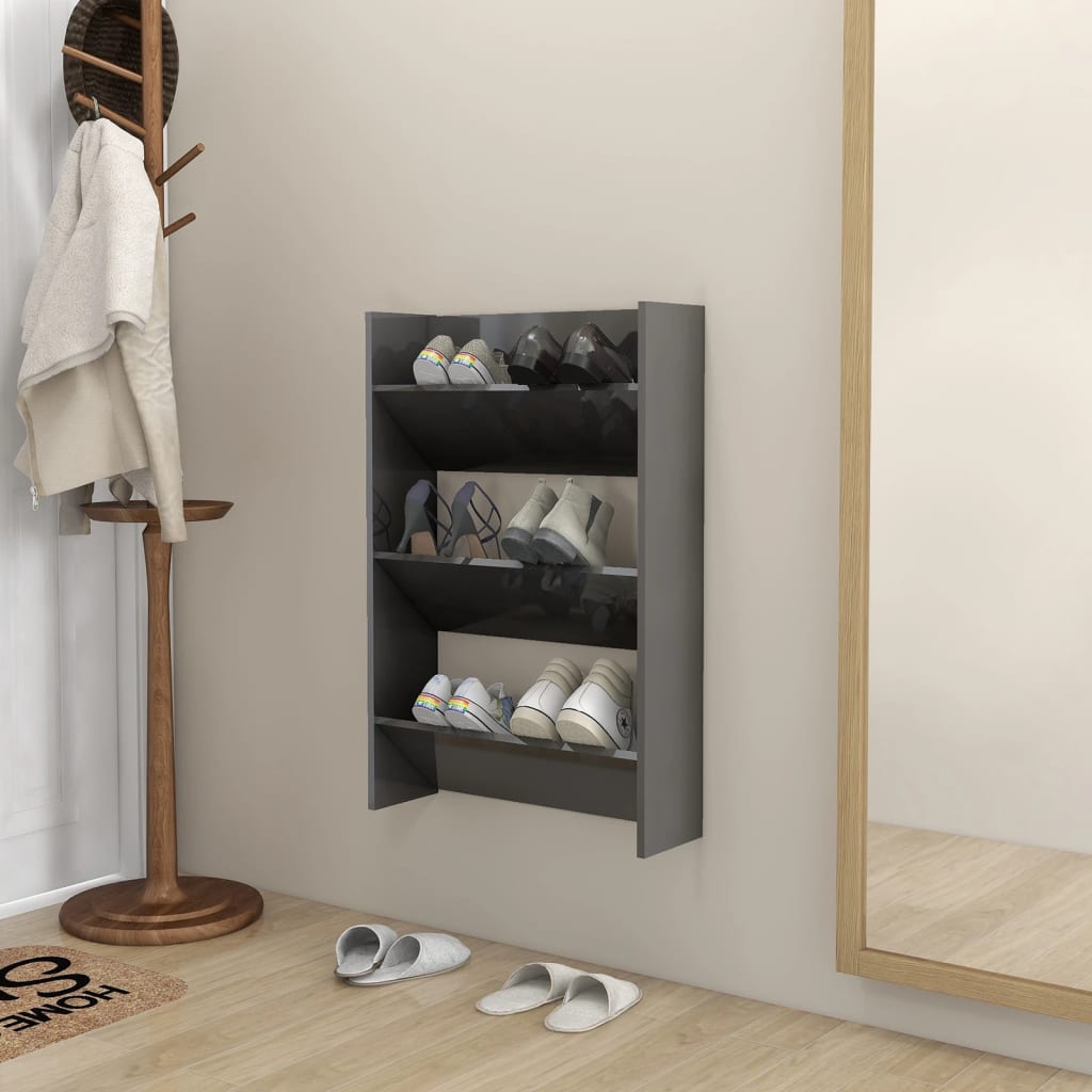 Zapatero de pared madera contrachapada gris brillo 60x18x90 cm