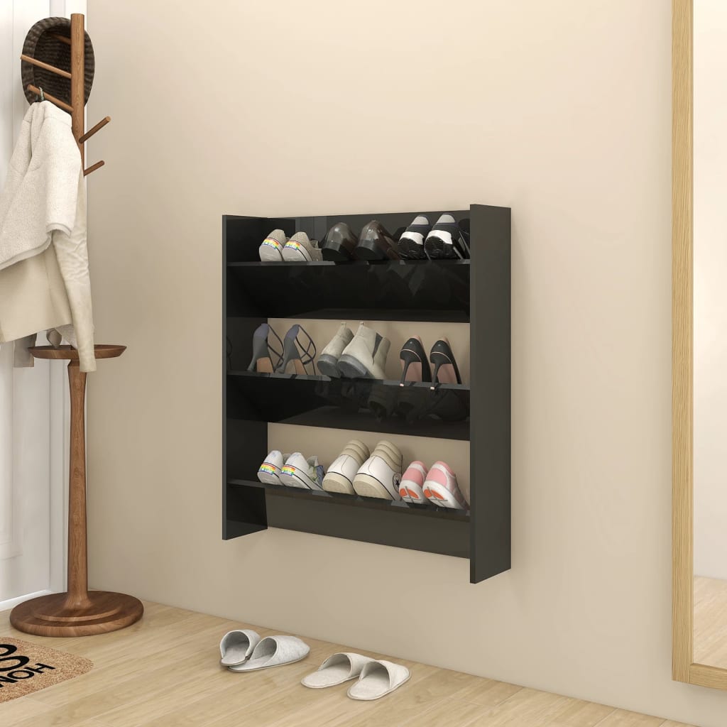 Vetonek Zapatero de pared madera contrachapada negro brillo 80x18x90 cm