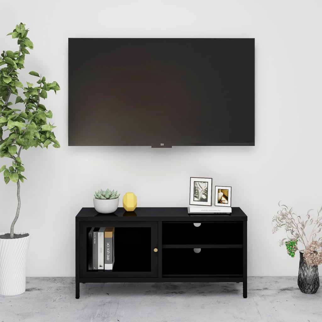 Vetonek Mueble para el televisor acero y vidrio negro 90x30x44 cm