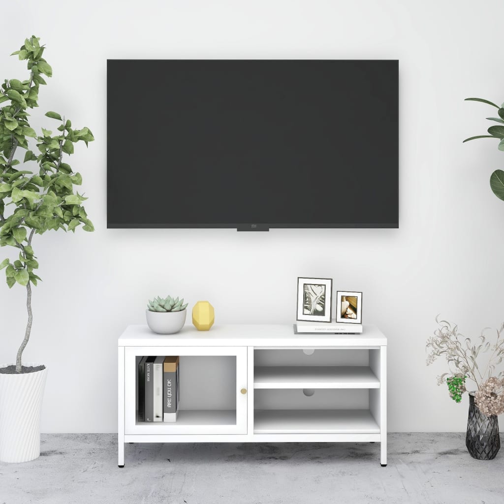 Vetonek Mueble para el televisor acero y vidrio blanco 90x30x44 cm