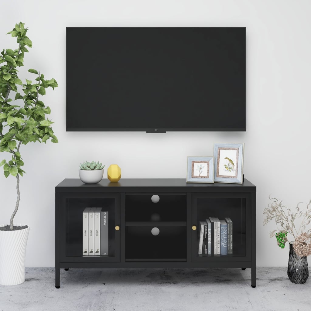 Vetonek Mueble para el televisor acero y vidrio negro 105x35x52 cm