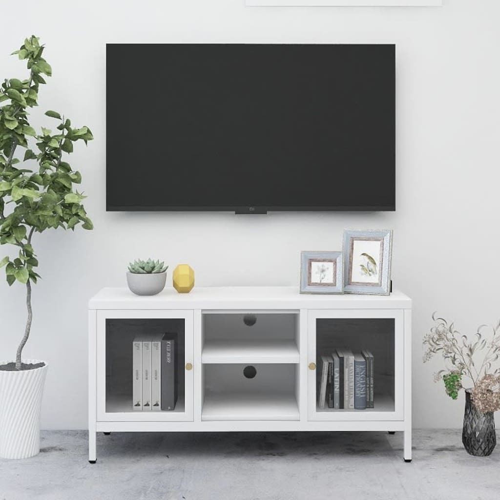 Vetonek Mueble para el televisor acero y vidrio blanco 105x35x52 cm