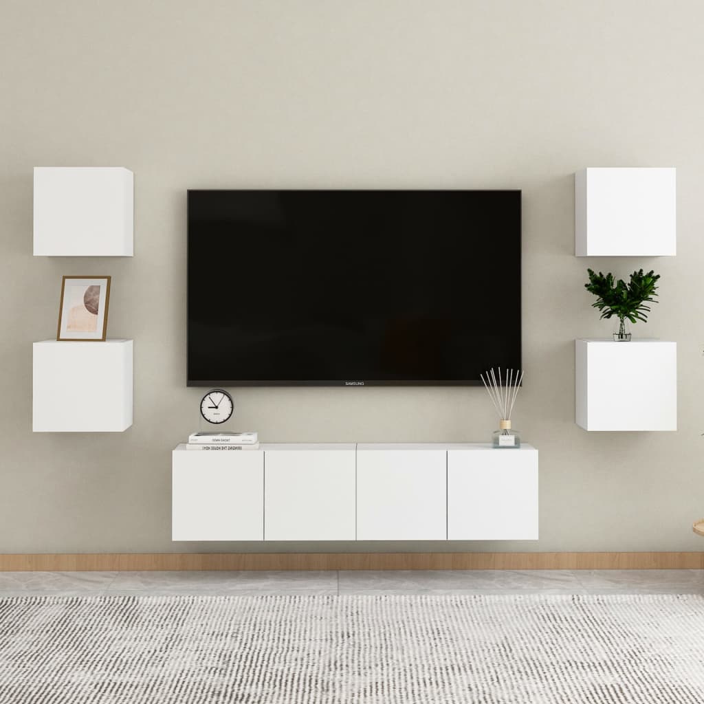 Set de muebles de salón TV en blanco con almacenamiento moderno y diseño minimalista, ideal para cualquier habitación.