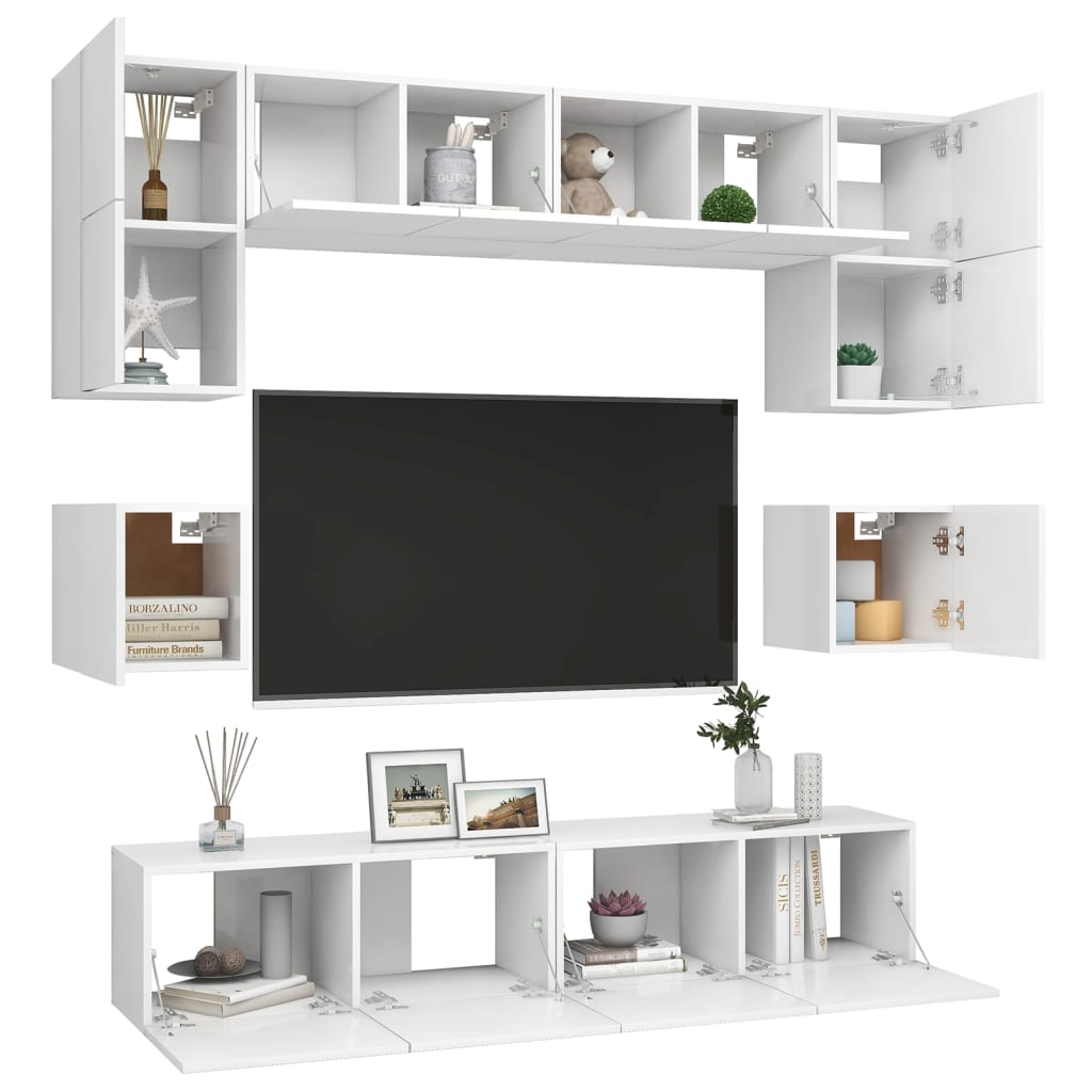 TV lounge furniture set 8 pieces white engineering wood