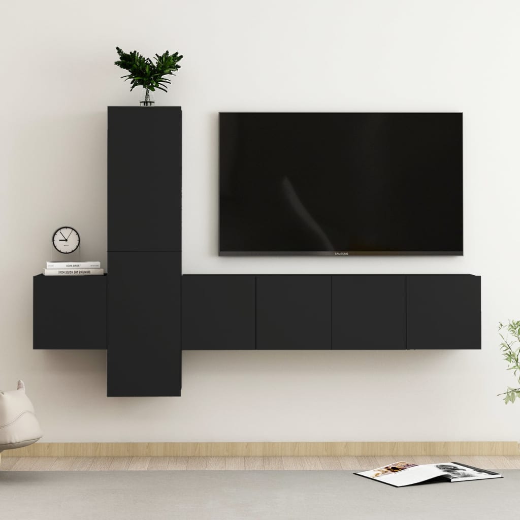 Vetonek Set de muebles de salón TV 5 piezas madera de ingeniería negro