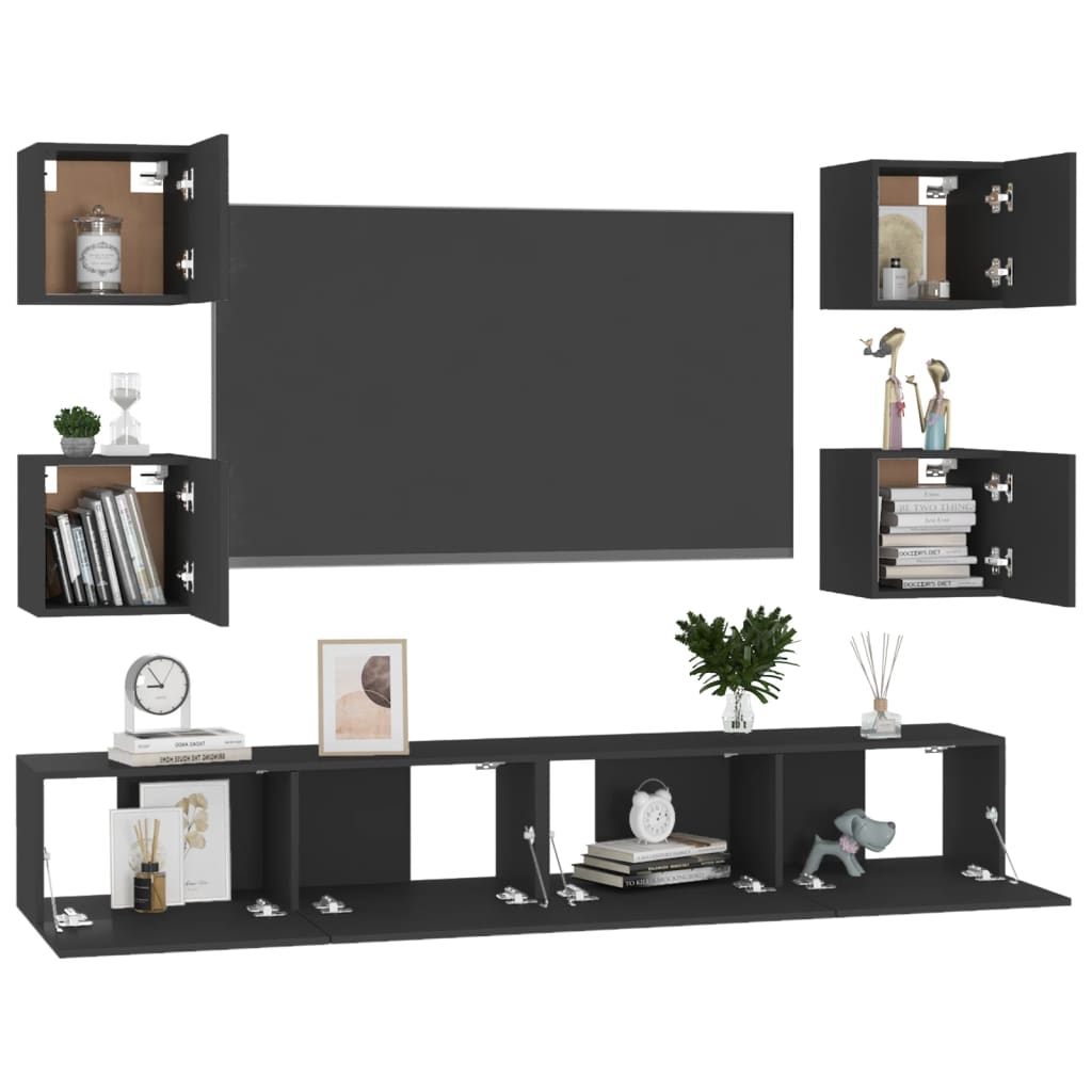 TV Living Room Set 6 PCS Black Engineering Wood