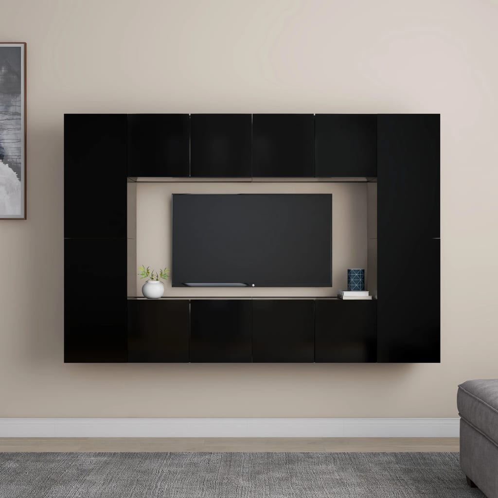 Vetonek Set de muebles de salón TV 8 piezas madera ingeniería negro