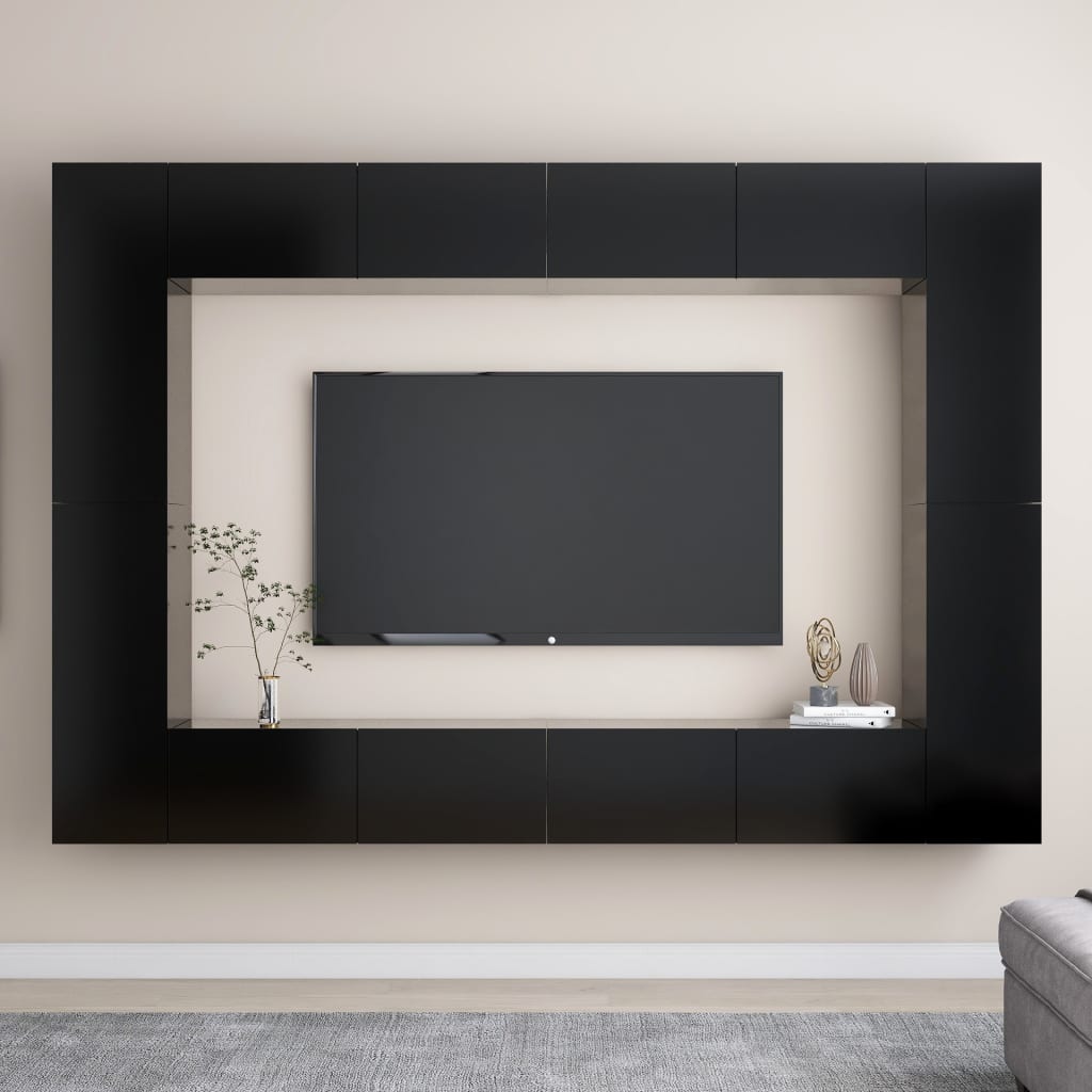 Vetonek Set de muebles de salón TV 8 piezas madera ingeniería negro