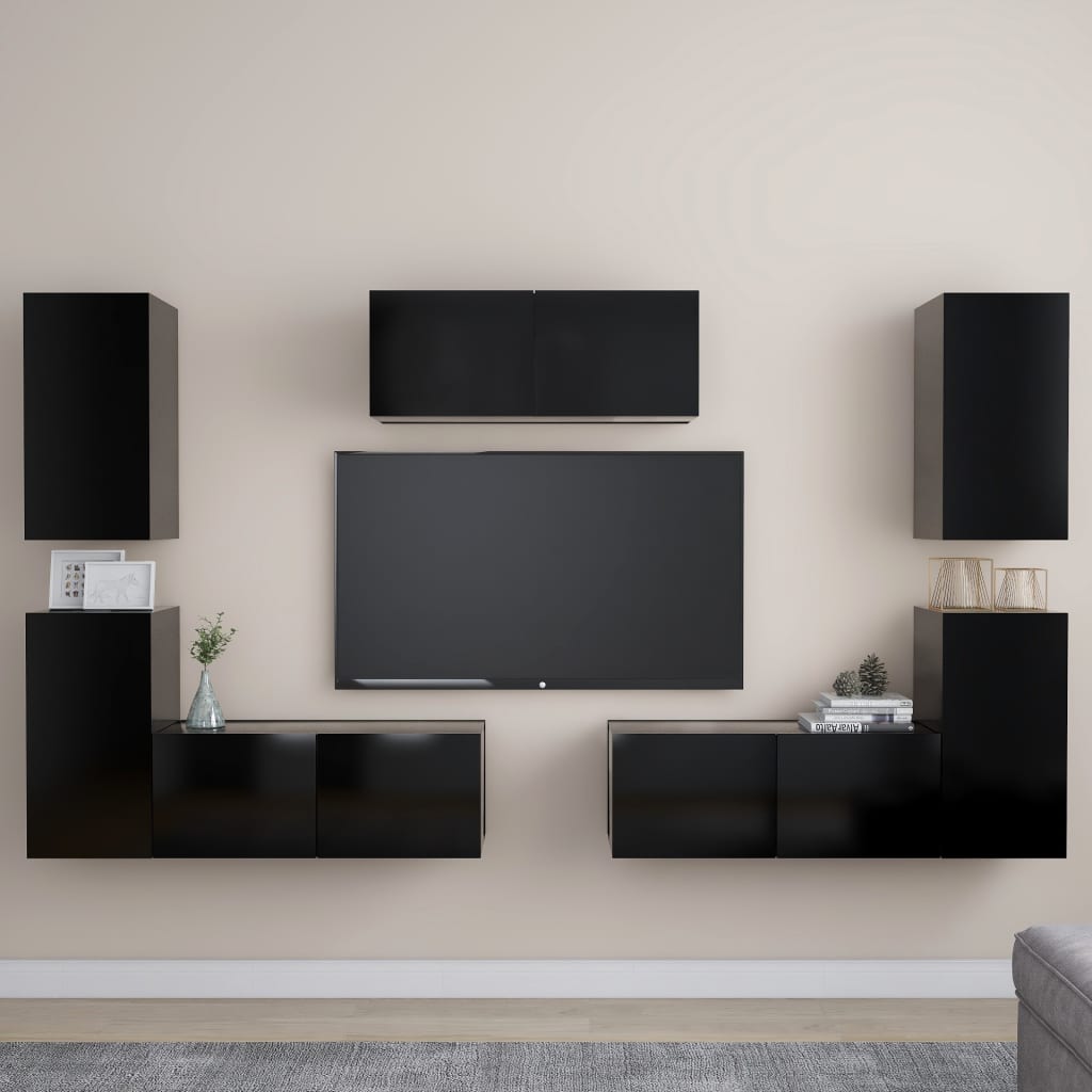 Vetonek Set de muebles de salón TV 7 piezas madera ingeniería negro