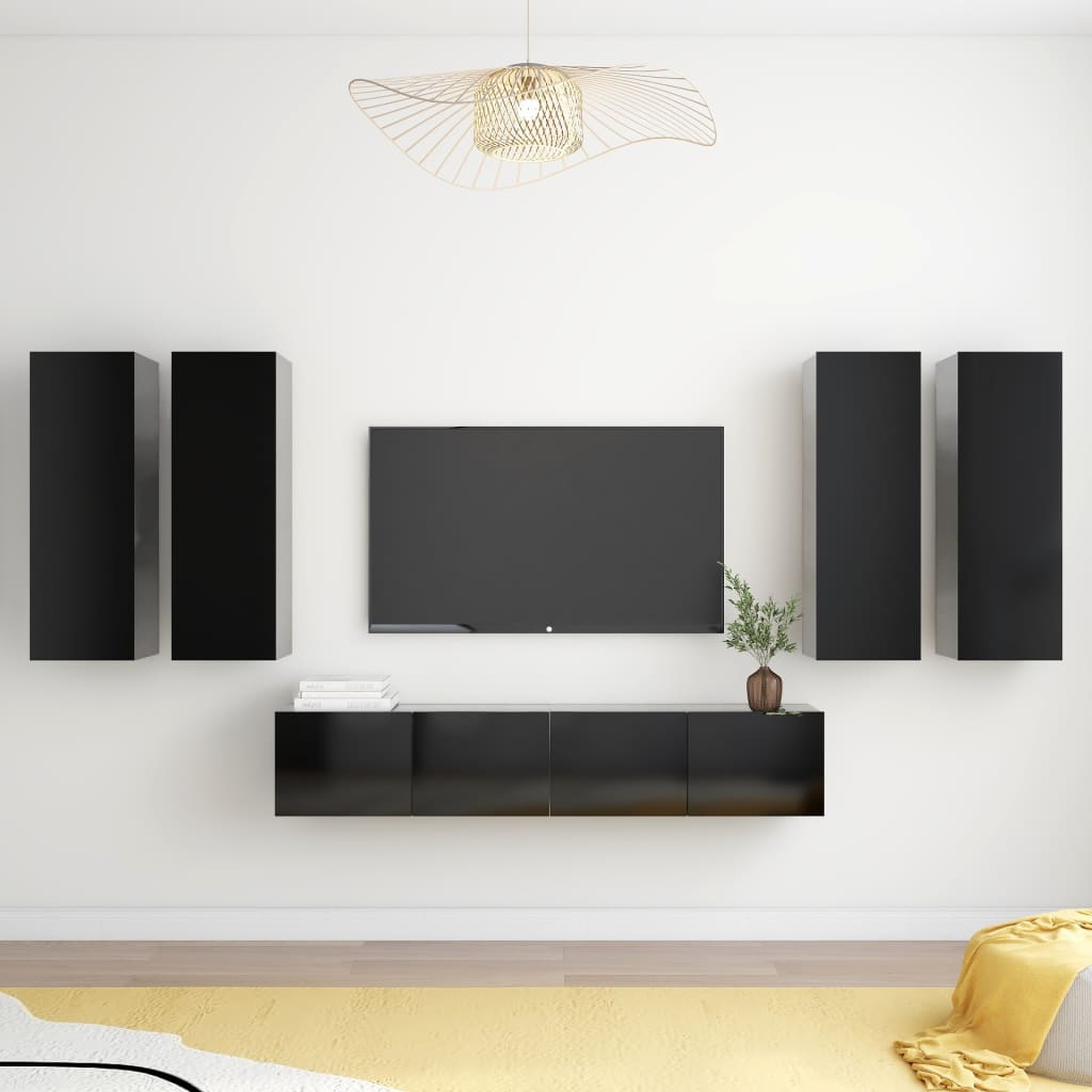 Vetonek Set de muebles de salón TV 6 piezas madera ingeniería negro