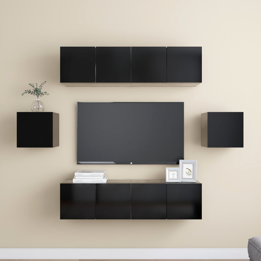 Vetonek Set de muebles de salón TV 6 piezas madera ingeniería negro