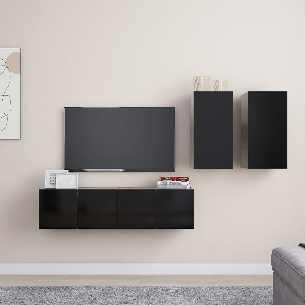 Vetonek Set de muebles de salón TV 4 piezas madera de ingeniería negro