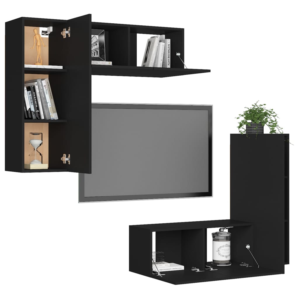 Set de muebles de salón TV 4 piezas madera de ingeniería negro