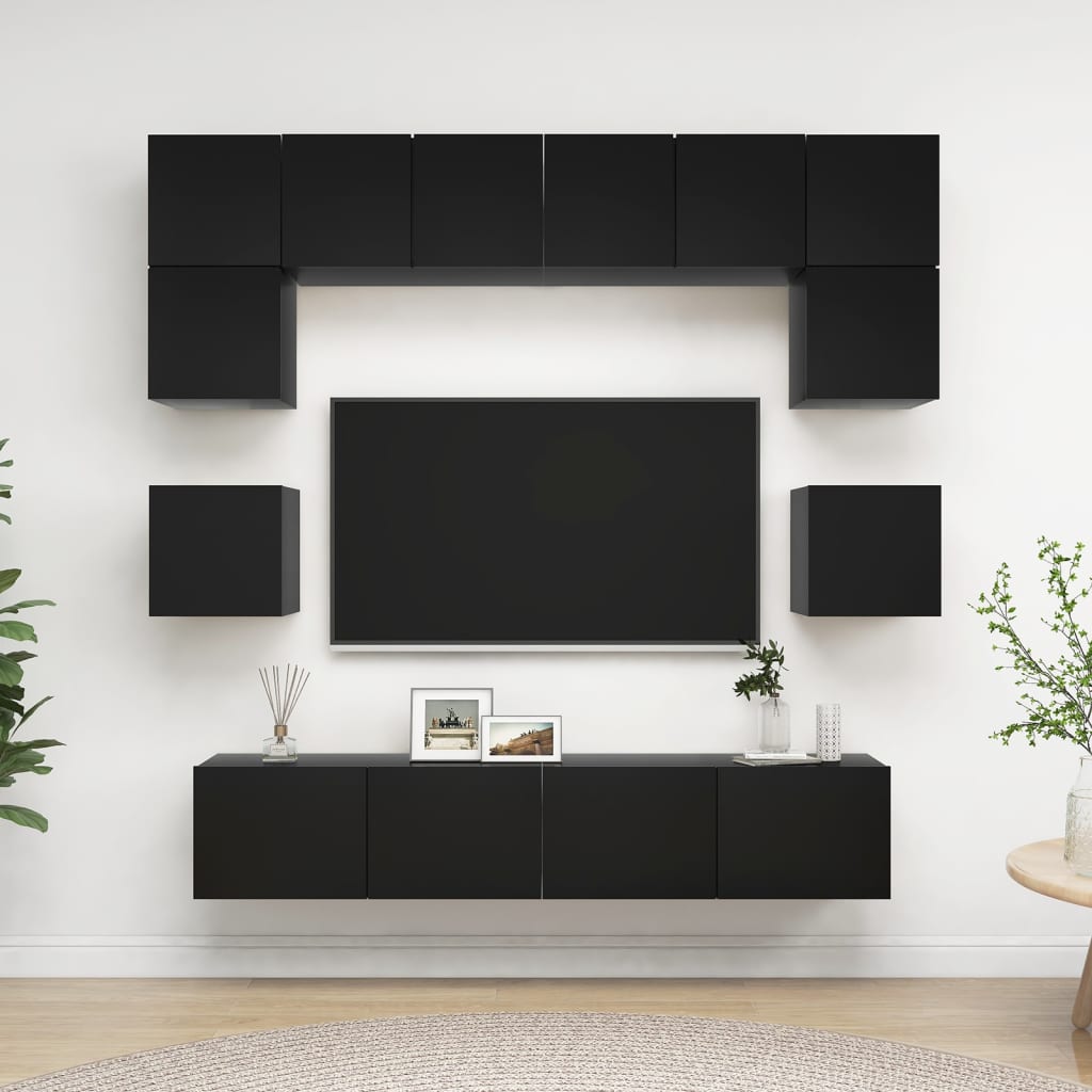 Vetonek Set de muebles de salón TV 8 piezas madera ingeniería negro