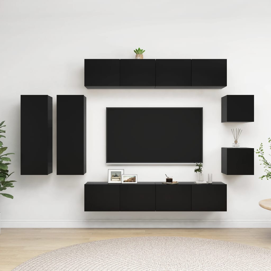 Vetonek Set de muebles de salón TV 8 piezas madera ingeniería negro