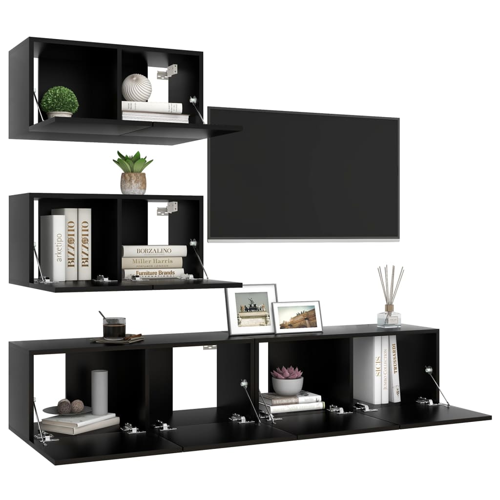 Set de muebles de salón TV 4 piezas madera de ingeniería negro