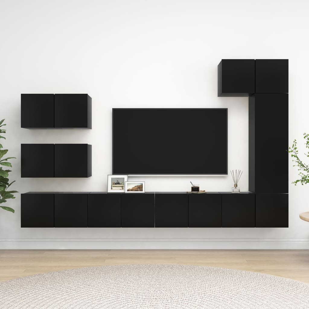 Vetonek Set de muebles de salón TV 8 piezas madera ingeniería negro