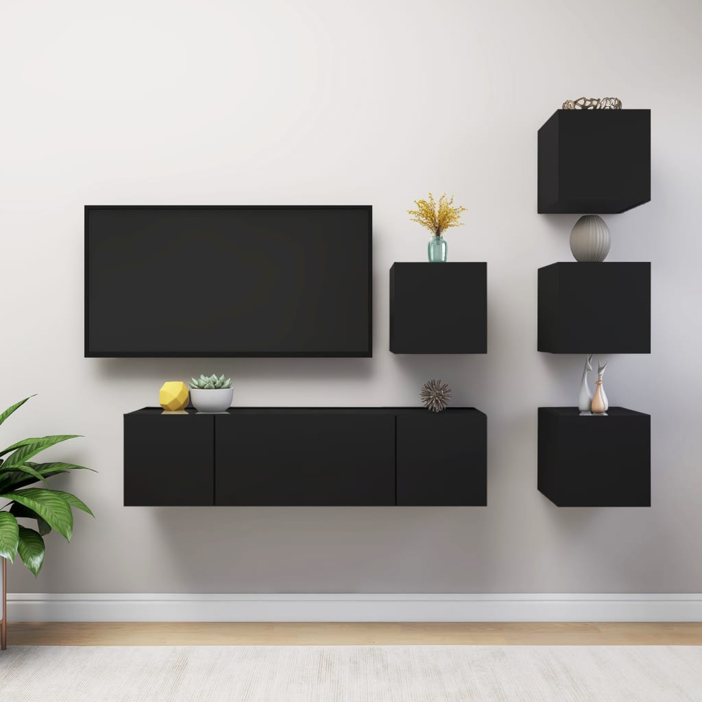 Vetonek Set de muebles de salón TV 6 piezas madera ingeniería negro