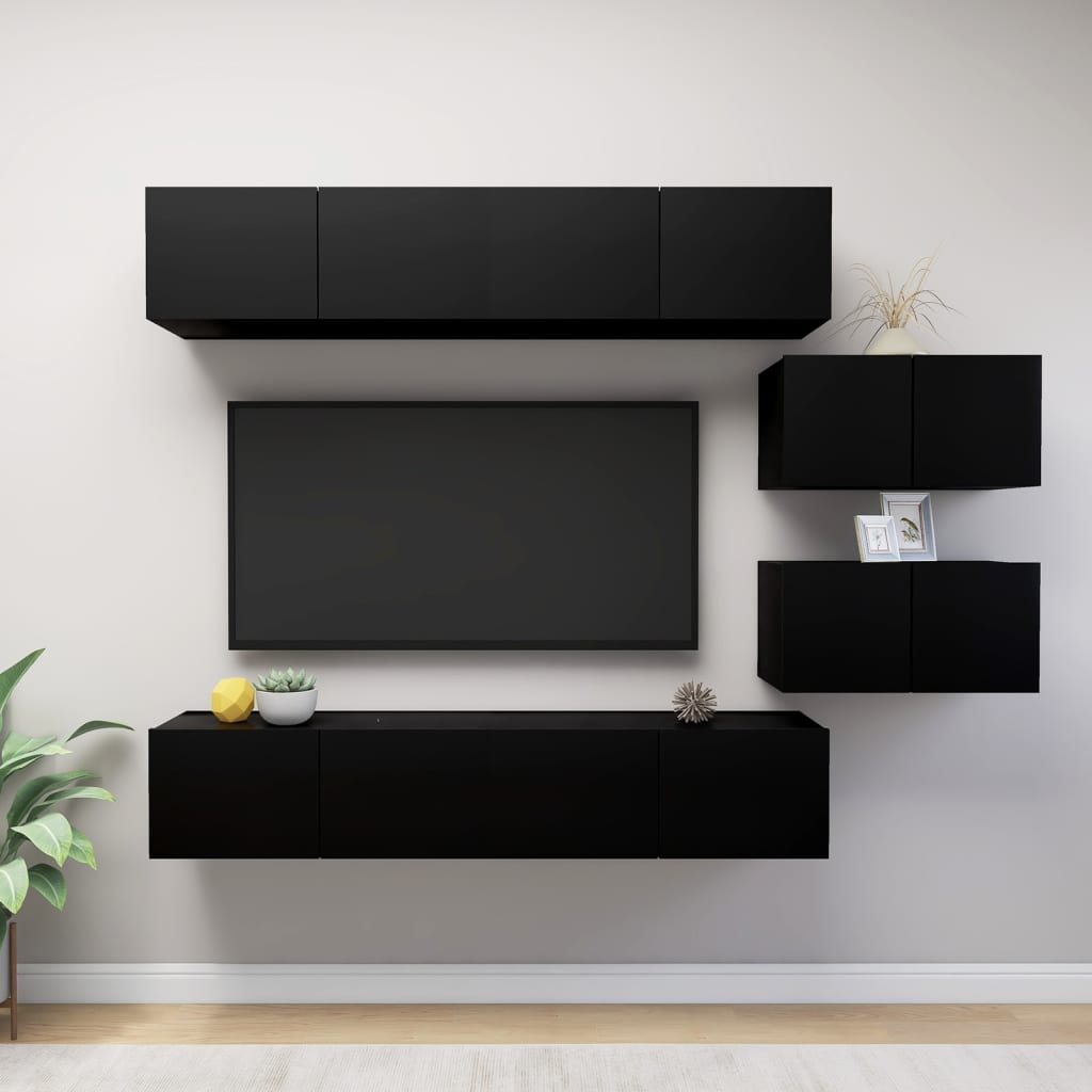 Vetonek Set de muebles de salón TV 6 piezas madera ingeniería negro