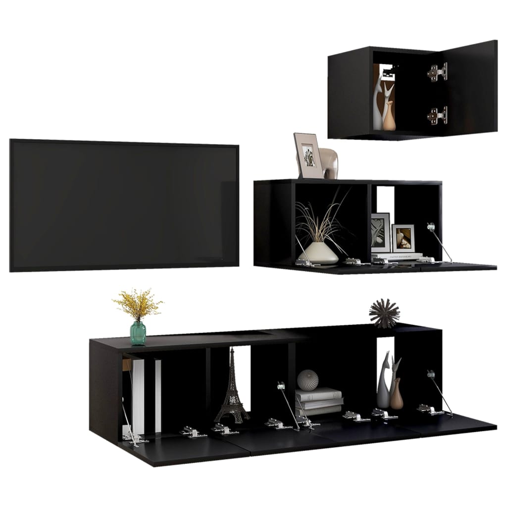 Set de muebles de salón TV 4 piezas madera de ingeniería negro vidaXL