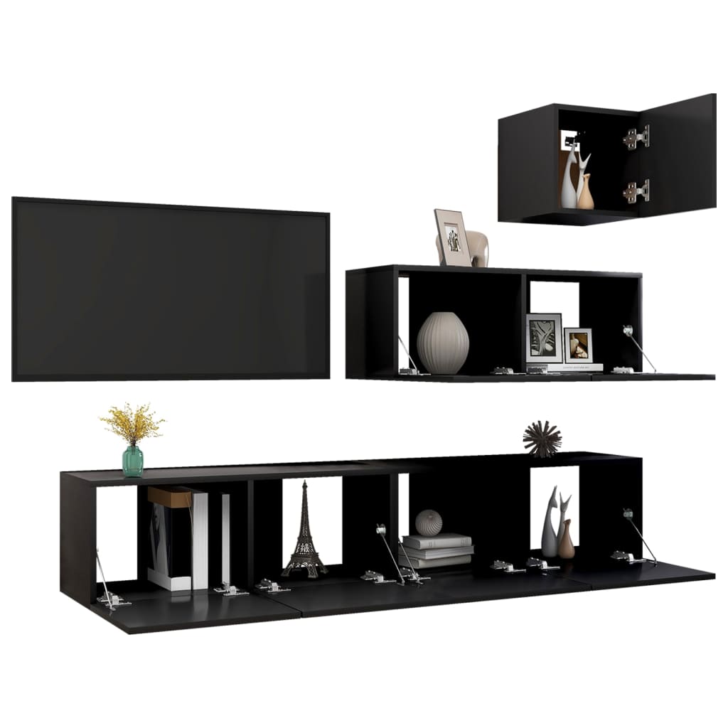 Set de muebles de salón TV 4 piezas madera negro