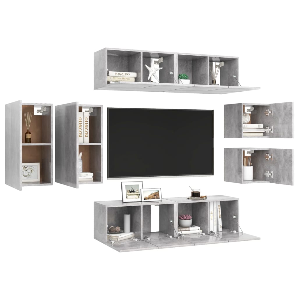 Set lounge mobili TV 8 pezzi in legno sintetizzato in legno in cemento grigio